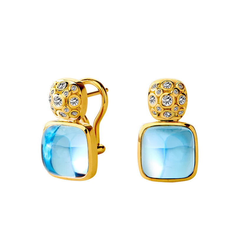 18k Mogul Sugarloaf Earrings, Blue Top, Dia