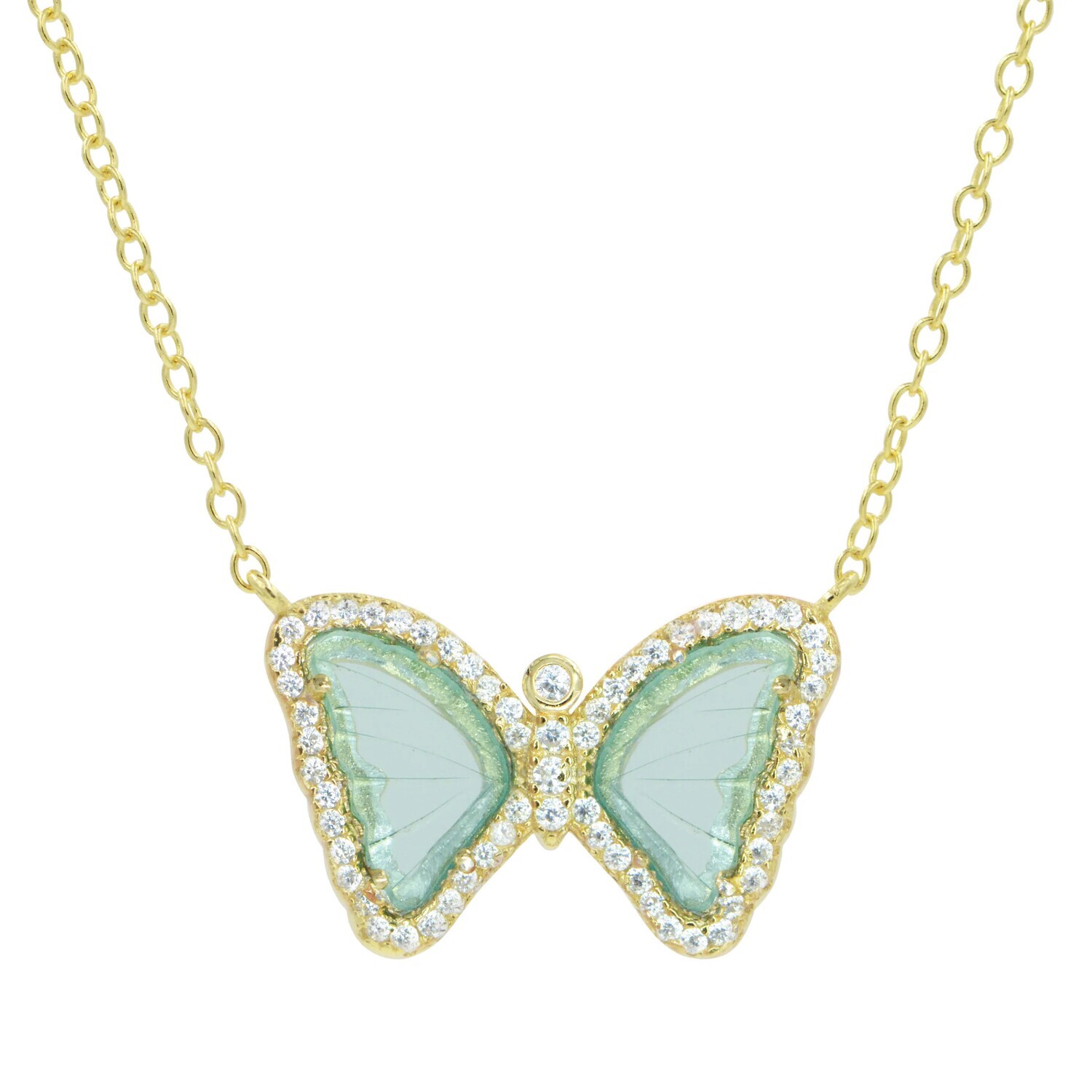 Mini Butterfly Necklace-, Color: Aqua Green Gold