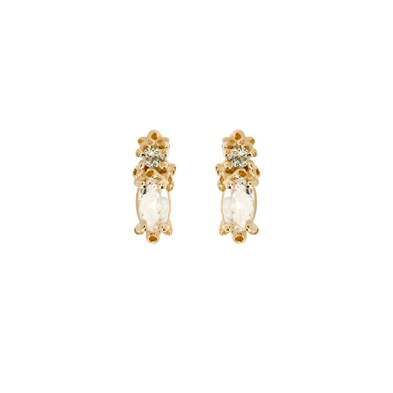 Rain Moon Sap Stud, 14k, Lt Green Saph (.1ct), Rainbow Moonstone (.6ct)