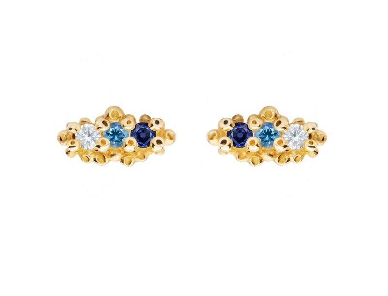 Triple Sapphire Stud, 14k, Diamonds (0.1ct) Blue