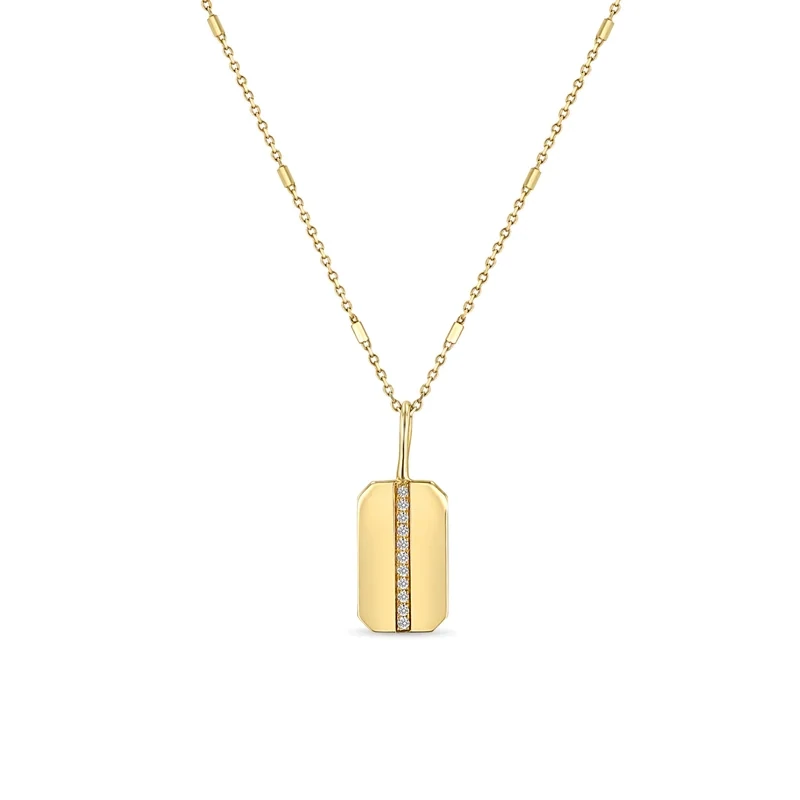 Necklace- 14k Flat Dog Tag w. Row Pave Diamonds .05ctw 16