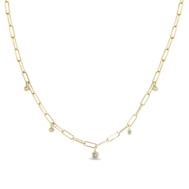 Necklace- 14k sm paperclip chain w. 3 bezel dia, .11cw