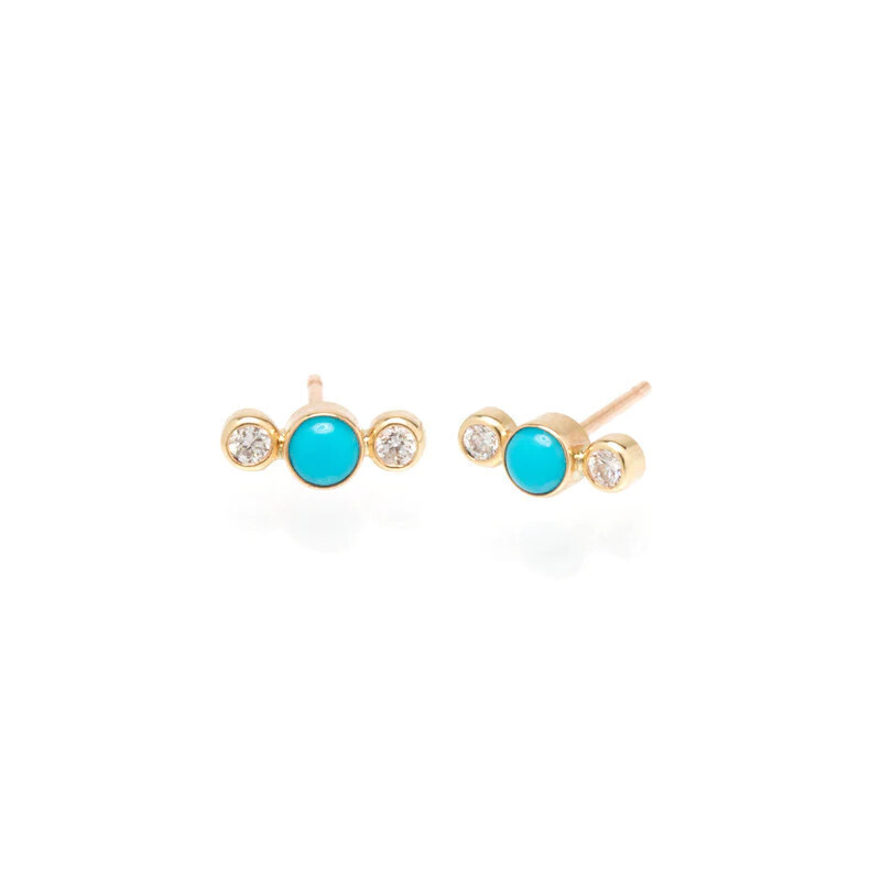 Earrings- 14k bezel bar studs turq and dia