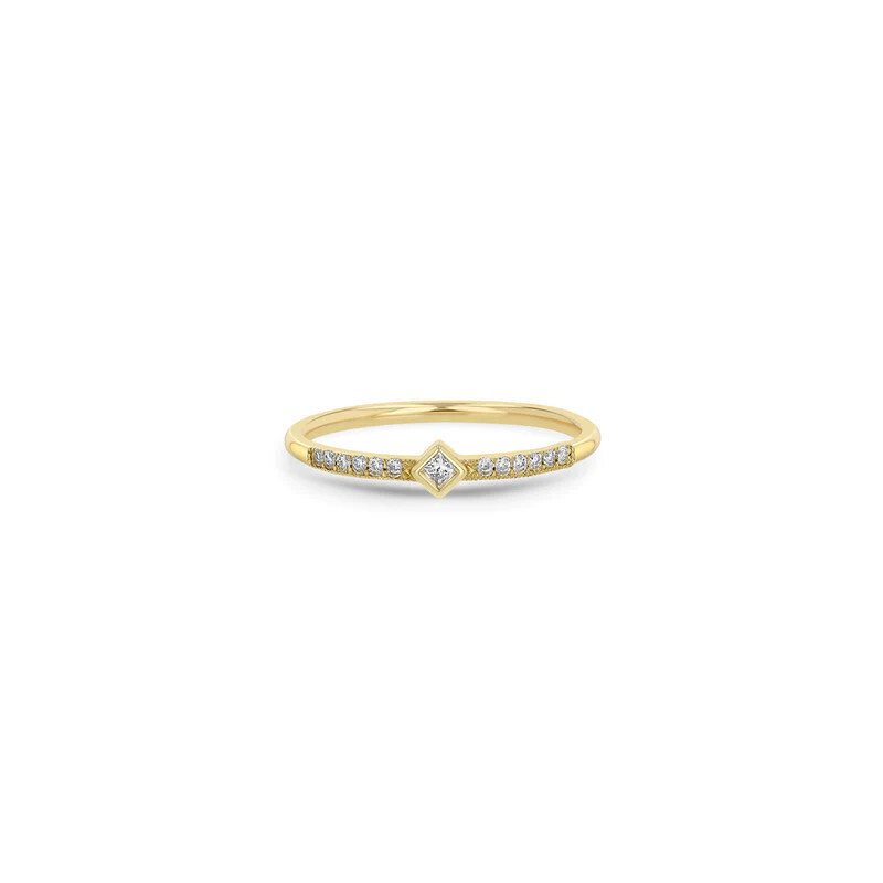 Ring- 14k ring  bezel princess diamond w. 6 diamonds