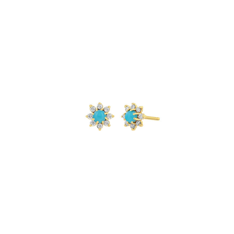 Earrings- 14k turq flower stud w diamonds