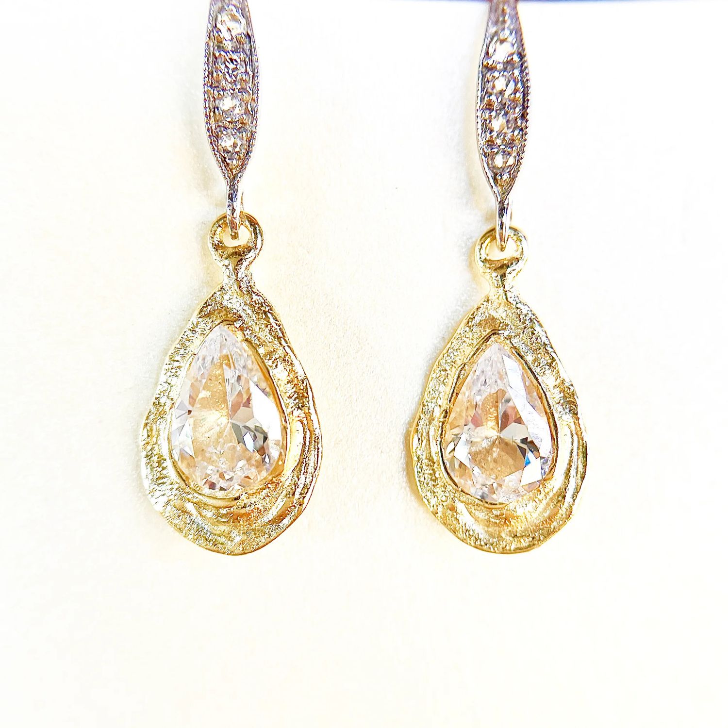 Earring- 14 k GP Pear CZ w. silver wire