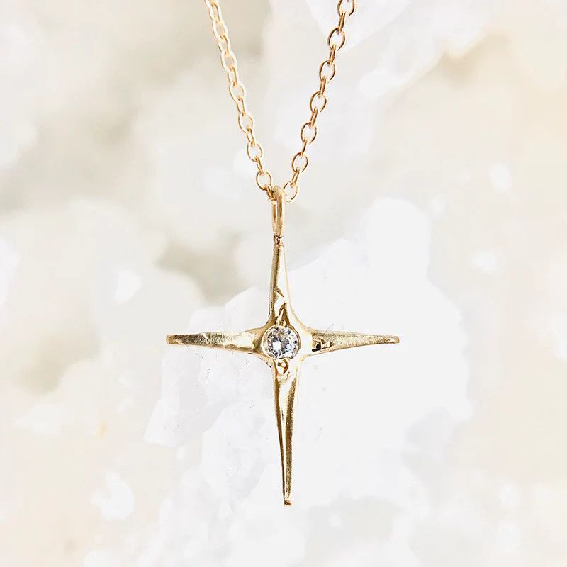 Necklace- 14k Dia Sm Handcarved Cross 16&quot;