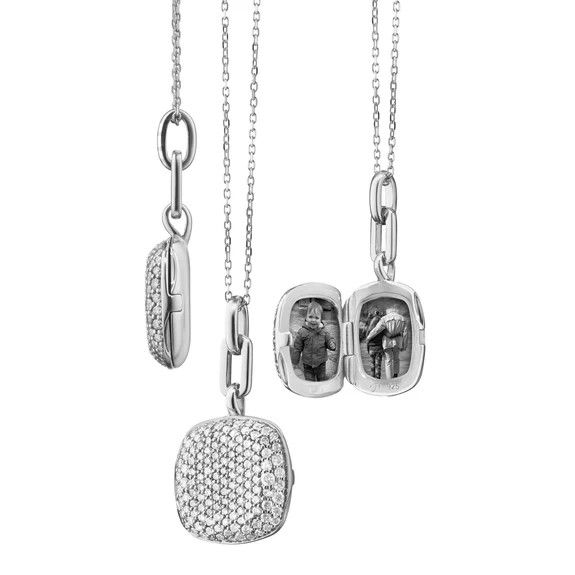 Locket- SS 9/16&quot; Slim Cushion Rae w. Wht Saph Pave 18&quot;