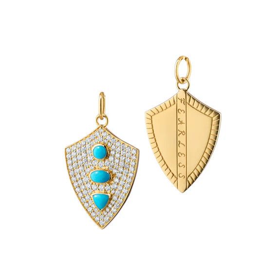 Charm- 18k YG Fearless Shield Charm Pave Dia, Turq