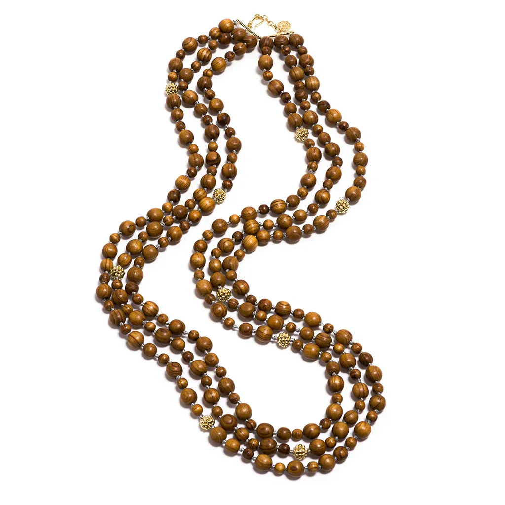 Earth Goddess 32&quot; Bead Necklace, Gold w. Teak
