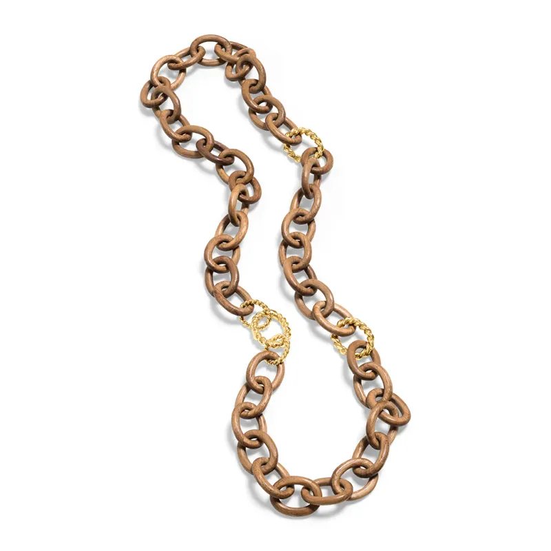 Earth Goddess 32&quot; Chain Necklace, Gold w. Teak