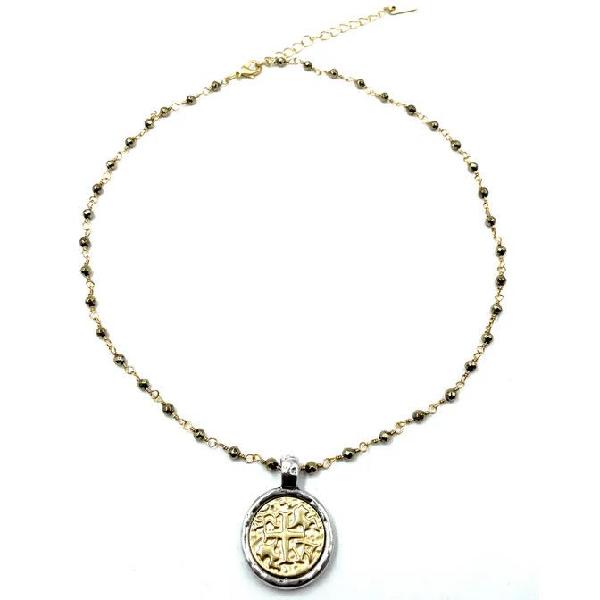 Necklace- Matte Gold Coin on Pyrite Short