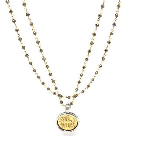 Necklace- Coin in Gold on Pyrite Long