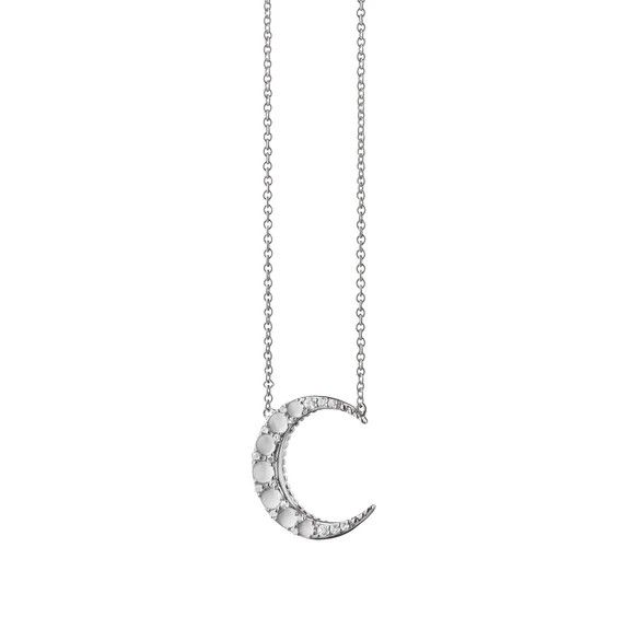 Necklace- SS 3/4" Sm Crescent Moon, Moonstone, Wht Saph