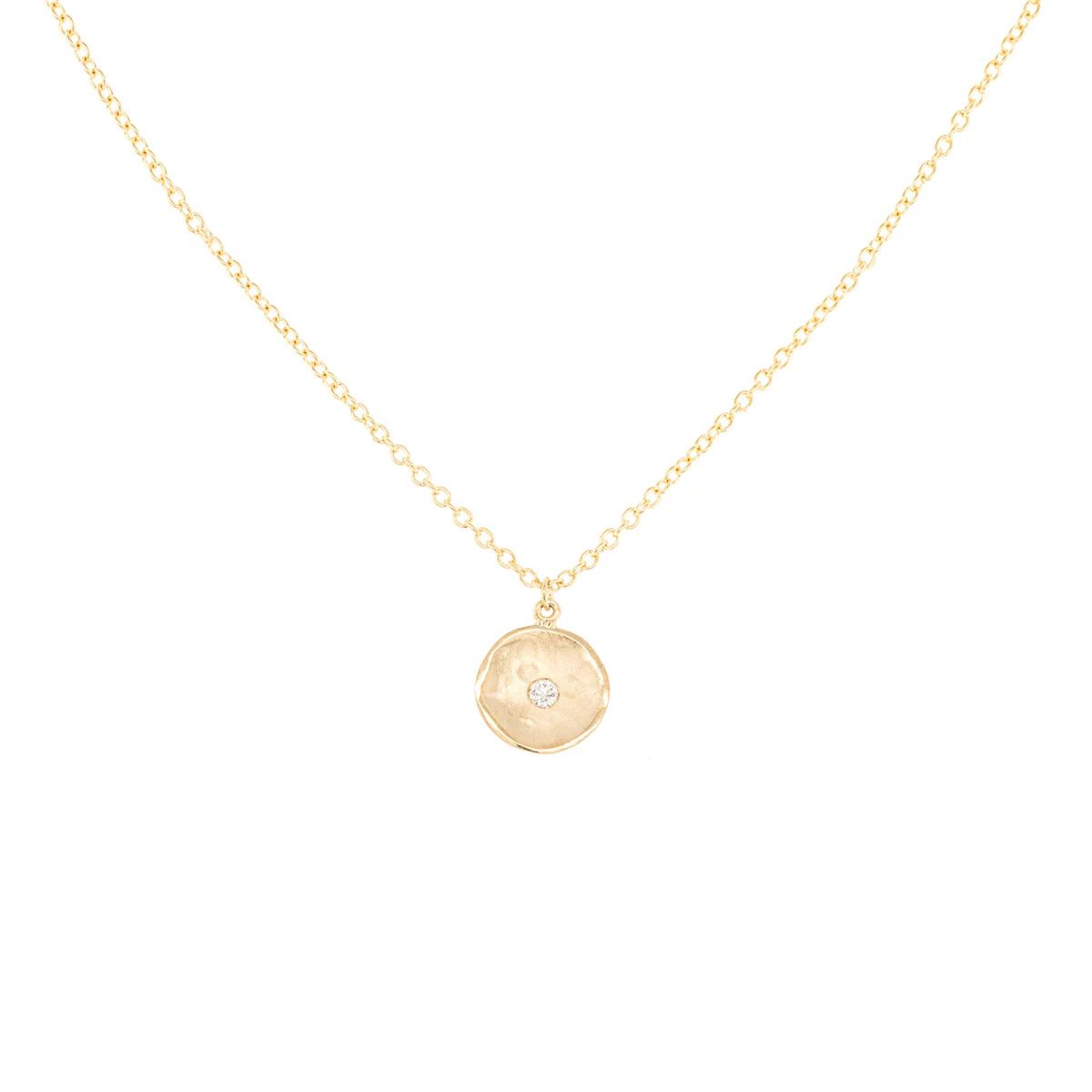 Necklace- 18k Single Diamond Hammered Disc