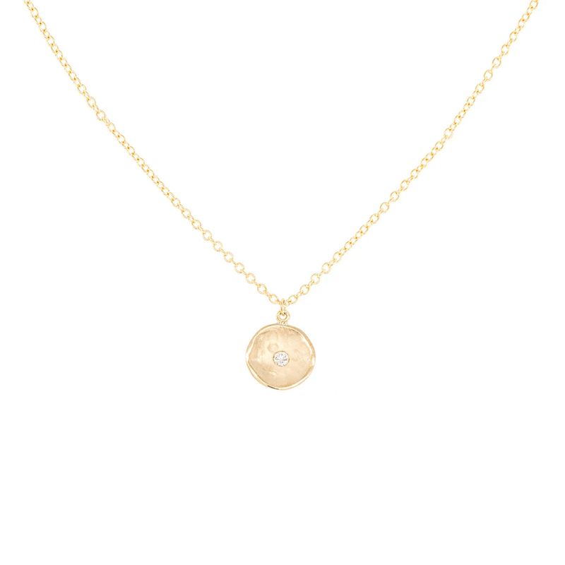 Necklace- 18k Single Diamond Hammered Disc