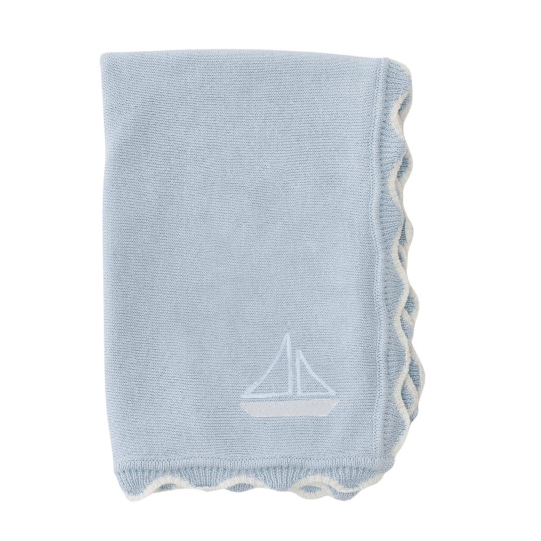 Scallop Baby Blanket- Blue w. Sailboat