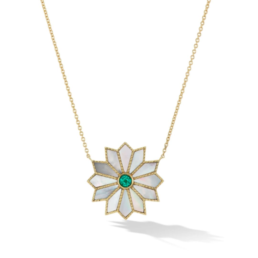 Necklace- Sacred Flower w. MOP/Emerald, 18K