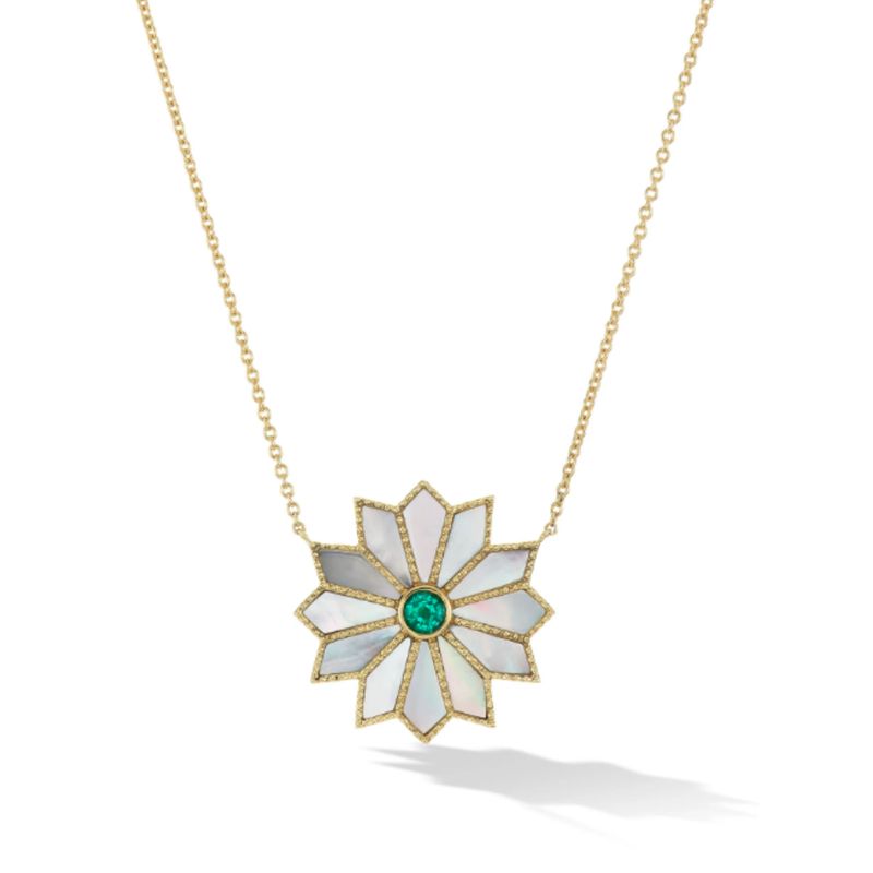 Necklace- Sacred Flower w. MOP/Emerald, 18K