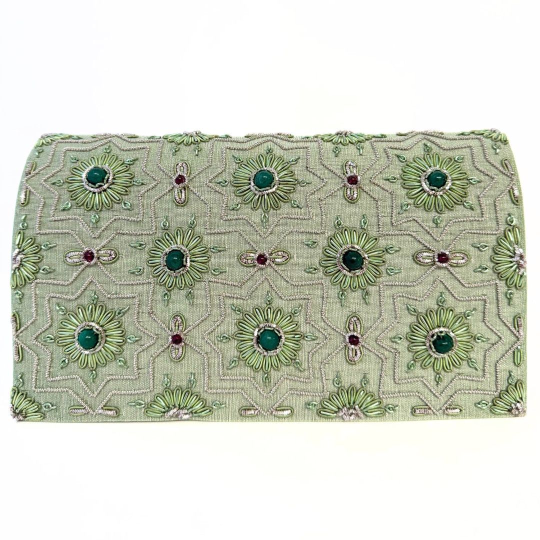 Green Silk Clutch, Green Stars