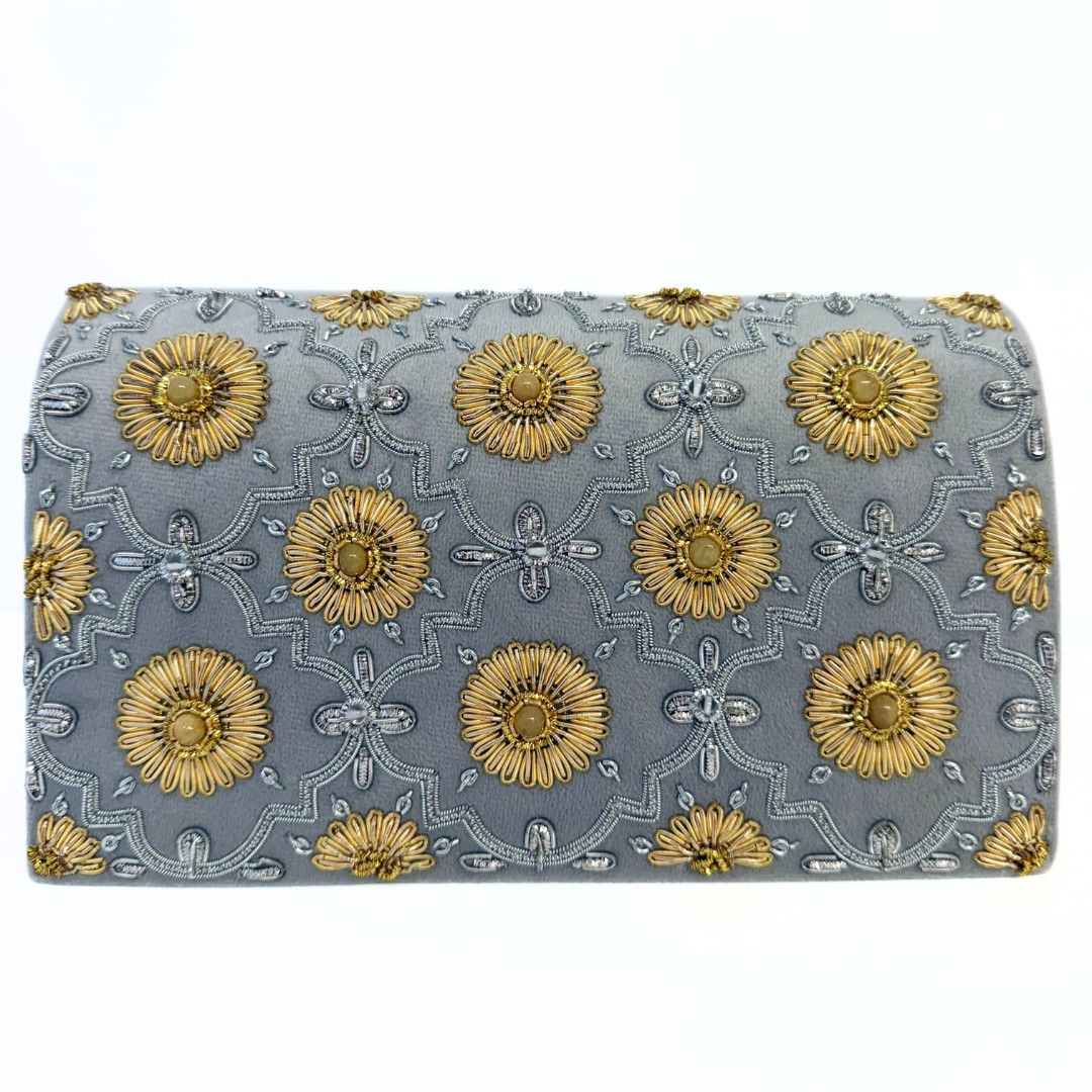 Grey Velvet Clutch, Silver and Gold Arabasque