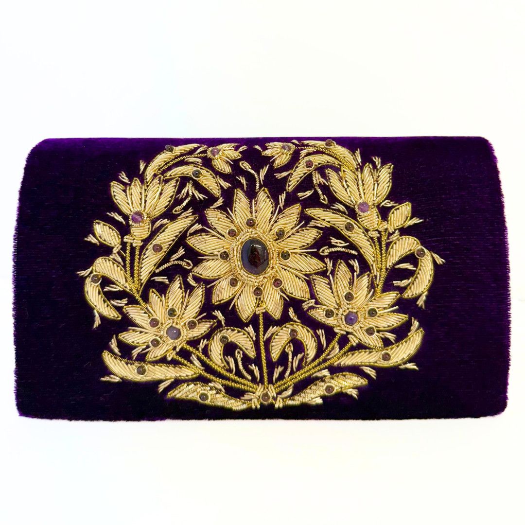 Purple Clutch, Gold Floral Wreath, stones