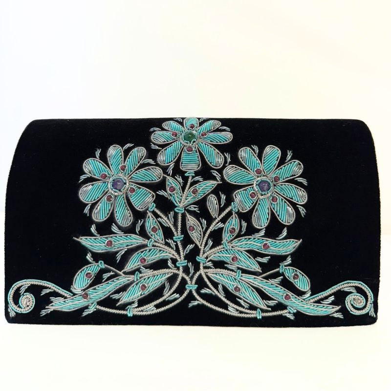 Black Velvet Clutch, 3 Daisies, Teal