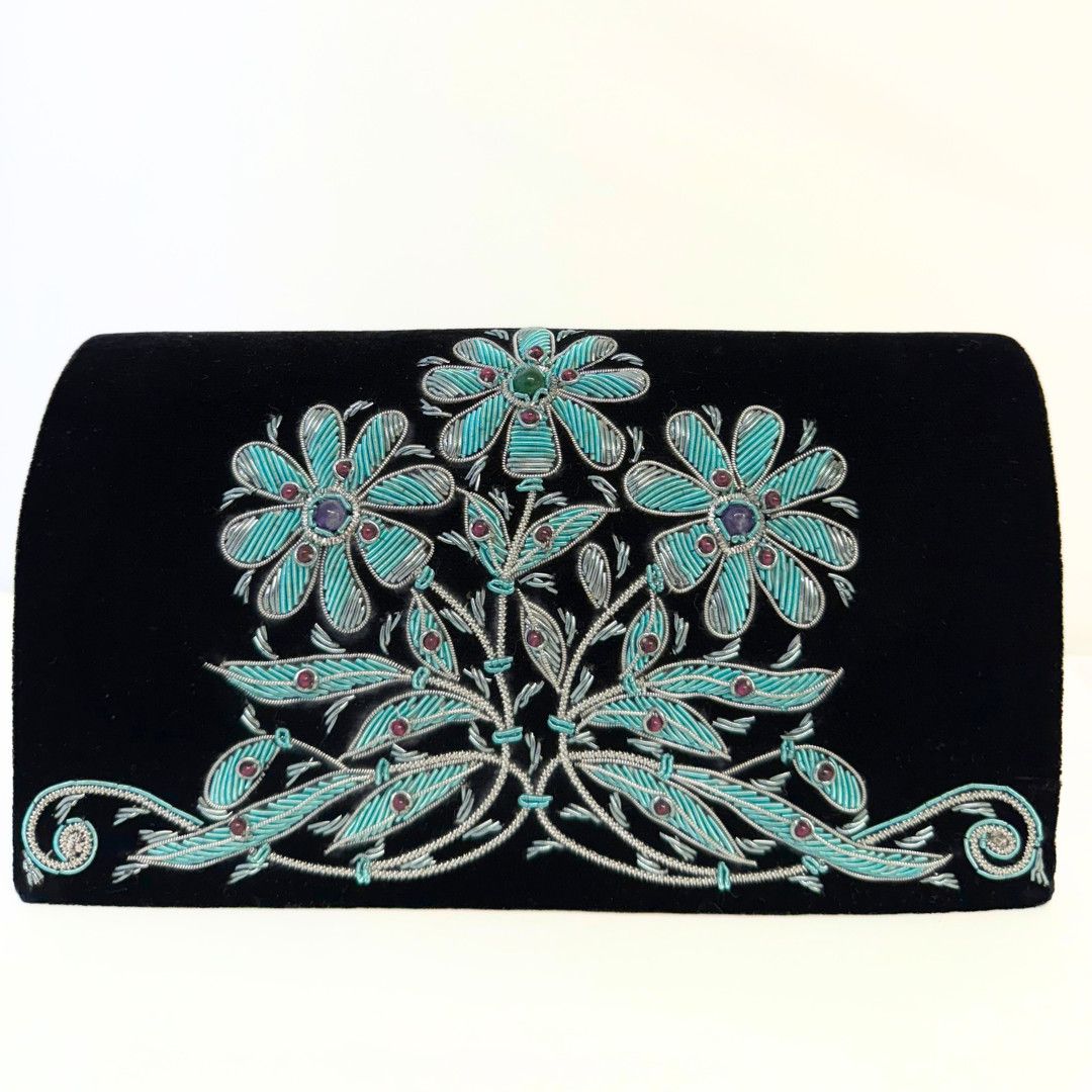 Black Velvet Clutch, 3 Daisies, Teal