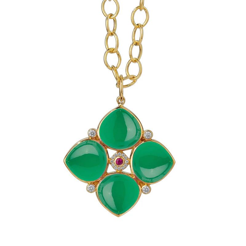18k Mogul Flower Pendant Green Chalcedony 22cts