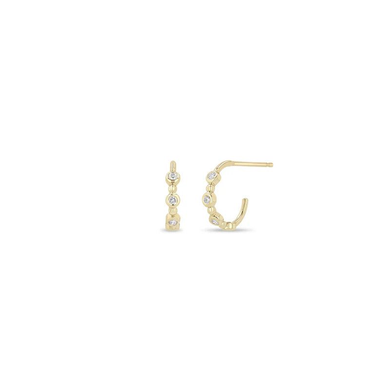 Earrings- 14k 3 Bezel and Bead Huggie Hoops