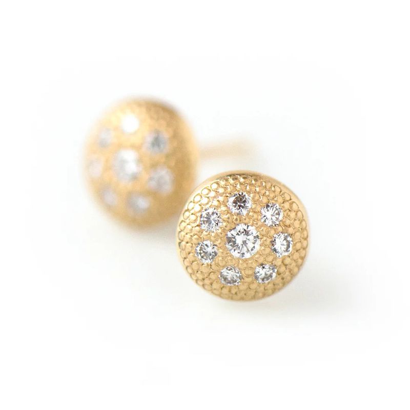 Earrings- Stardust stud 6mm convex button set w/ 1x.02ct &amp; 7x.008ct diam = .15tcw