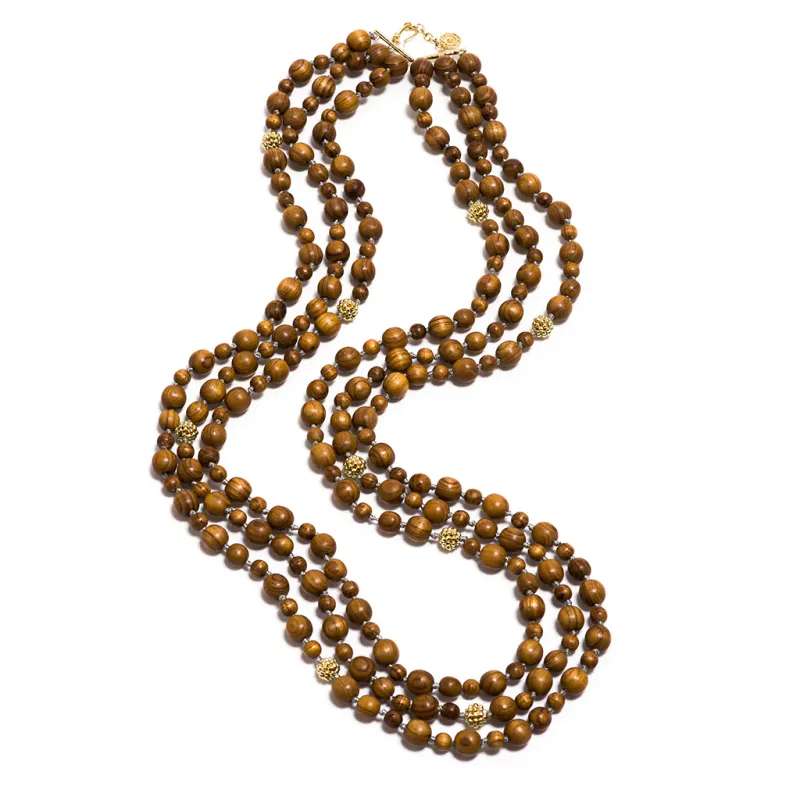 Earth Goddess 32" Bead Necklace, Gold w. Teak