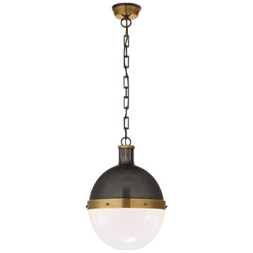TOB 5063BZ/HAB-WG Hicks Large Pendant in Bronze and Hand-Rubbed Antique Brass with White Glass