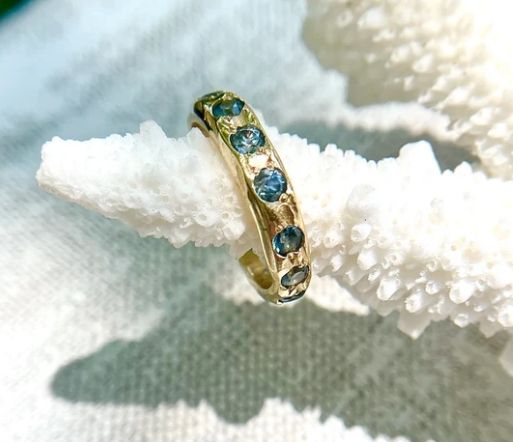 Ring- 14k Montana Sapphire 14 Stone  w. Wide Band