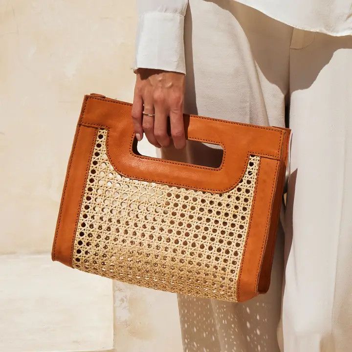 Cane Weave Handbag, Sm, Brn Trim