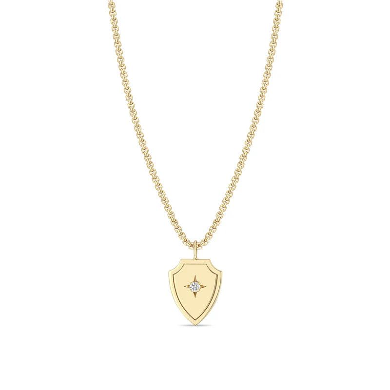 Necklace- 14k Shield w. Dia, Box chain .1ct