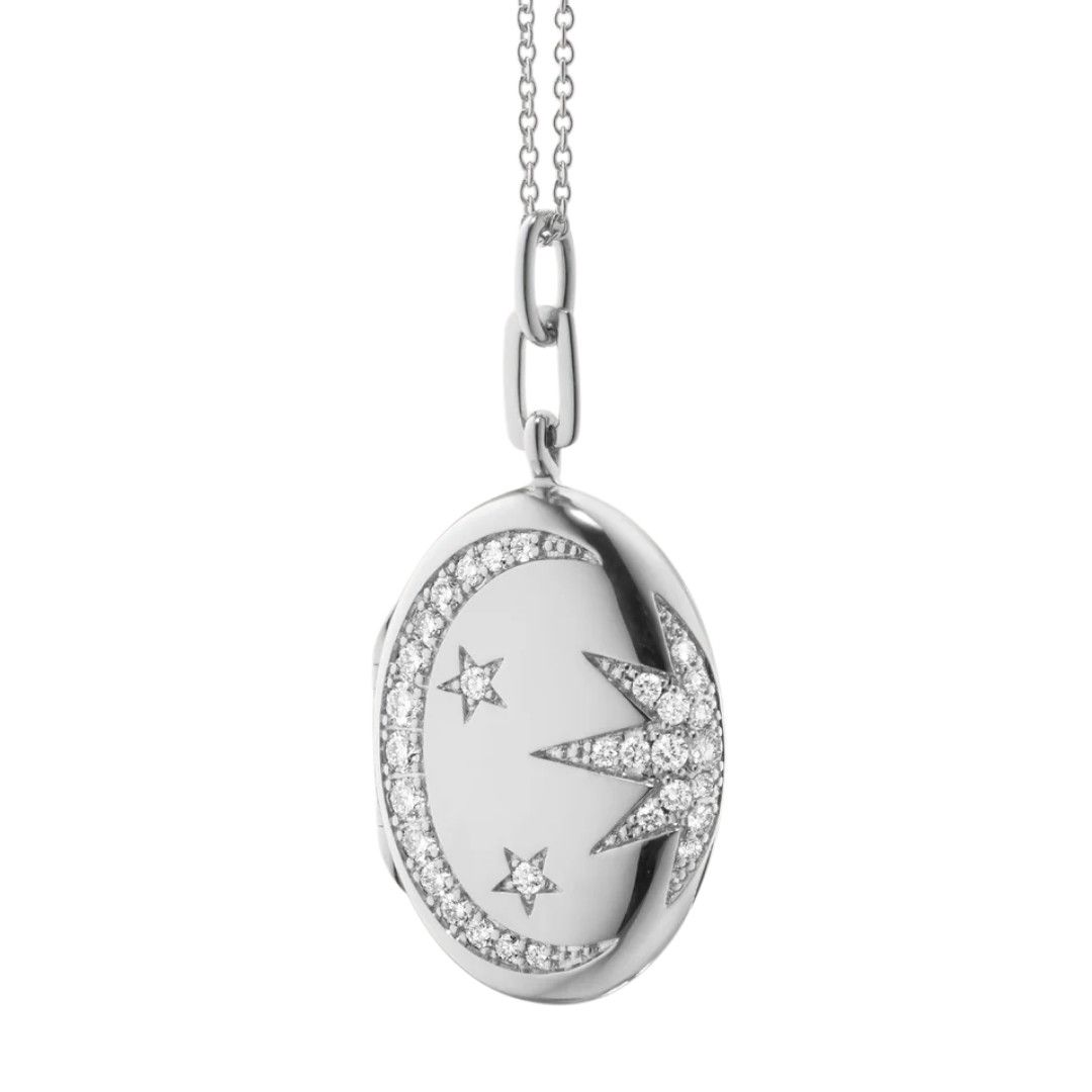 Locket- Sterling Silver Sun Moon Stars w/ White Sapphire .98 ct, cable chain 22"