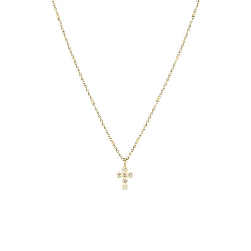 Necklace- 14k Tiny Bezel Cross, Bar Chain