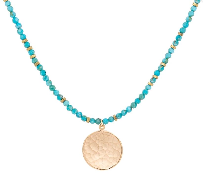 Necklace- Turq Wrap w. Hammered Disc, 15-18"