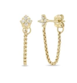 Earrings- 14k Quad Dia w. Chain to Back, .12ct