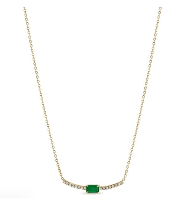 Necklace- 14k Curved Bar w. Emerald, Dia Pave