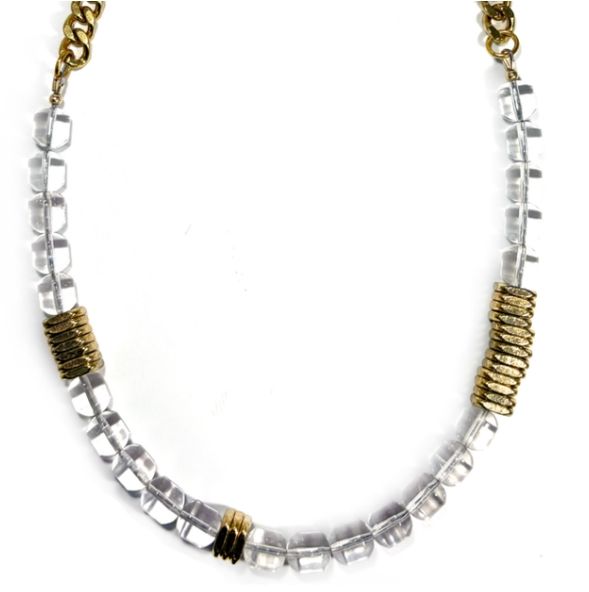 Necklace- Rock Crystal Quartz &amp; Brass Heishi Curb
