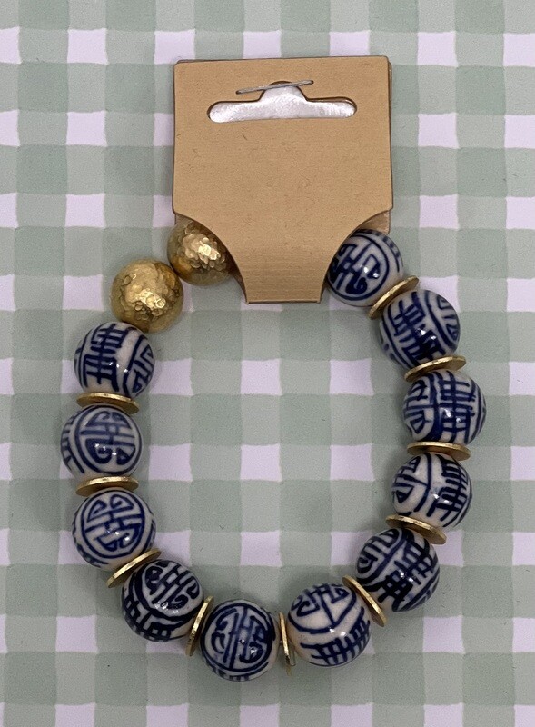 Recycled Glass &amp; Chinoiserie Bead Bracelet, Green