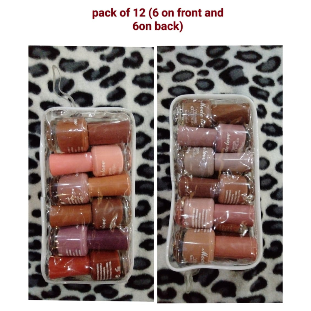 12 Nail polishes of romantic colors in a transparent make-up bag