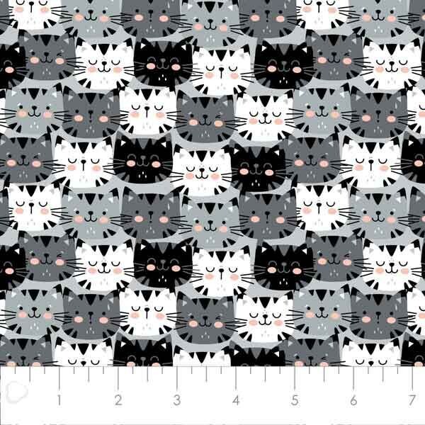 Tessuto con gatti su bianchi, neri, grigi 2201-354