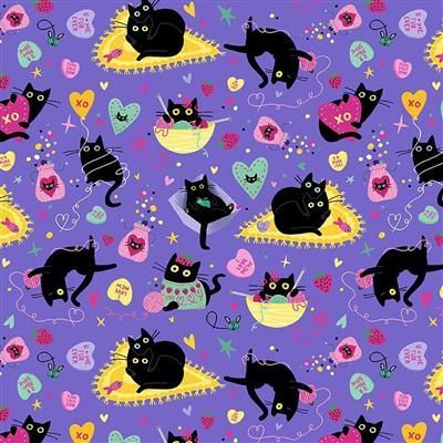Tessuto con gatti neri su sfondo colorato e cuori Dear Stella PN-0212465