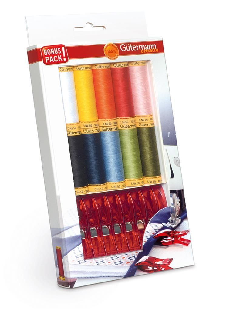 Set fili 10 colori Gutermann con 8 clips
