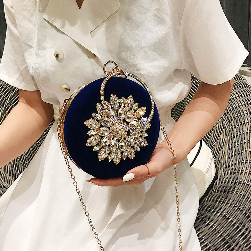 Women Bags Women Evening Clutch Bags Velvet Diamond Ring Handbags Small Round Clutch Bag Day Party Clutches Purses