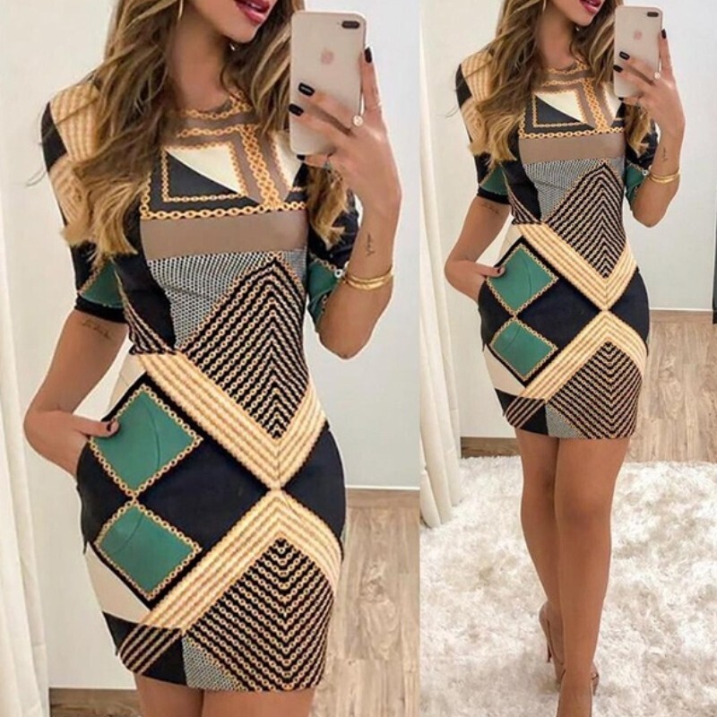 Dress Round Neck Short Sleeve Printed Dress Ladies