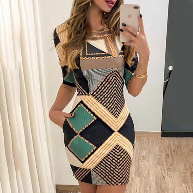 Dress Round Neck Short Sleeve Printed Dress Ladies